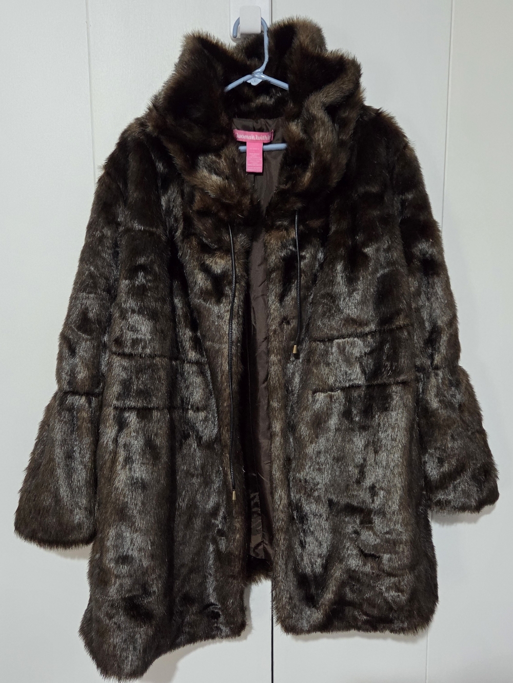 Woman Within Faux Fur Winter Coat Brown Shaggy Teddy Outerwear Womens Size L Zip